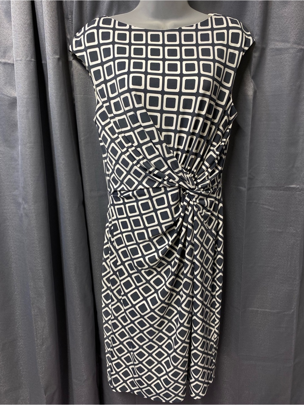 Ralph Lauren Navy and White Geometric Twist-Front Midi Dress